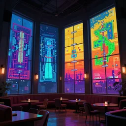 cozy lounge with very tall windows, bar, a lot of screens, gameplay still frame, 4 colors, pixel art, futuristic, splash screen, level design, high contrast, background, deep focus, highly detailed, dramatic lighting, digital painting, artstation, concept art, matte, greg rutkowski, moebius.