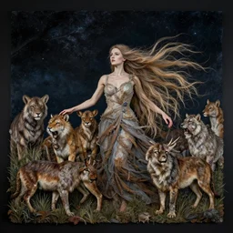 decorative by alexander jansson, by keith mallett. a beautiful performance art of a woman with long flowing hair, wild animals, & a dark, starry night sky.