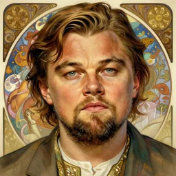 painted closeup portrait of leonardo dicaprio in don't look up, long hair, masculine, with beard, fat, majestic, photorealistic, fantasy, intricate, elegant, extremely detailed digital painting, trending artstation, concept art, sharp focus illustration art by alphonse mucha, greg rutkowski, craig mullins