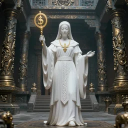 A white priestess is conjuring a spell inside the ancient and mythical temple. Bronze statue