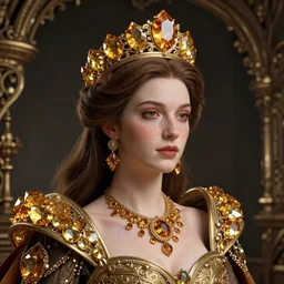 queen of pyrite, citrine, tiara, detailed portrait. intricate environment, art by rossdraws, thomas kinkade, krenz cushart, ilya kuvshinov, peter mohrbacher, greg rutkowski, craig mullins. unreal engine 5, blender, octane, ray tracing, dramatic studio lighting, sharp focus, masterpiece, post processing