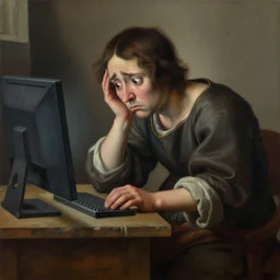masterpiece painting of a 3d artist sad, crouched and desperate looking at the computer screen, oil on canvas, renaissance