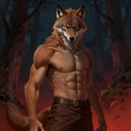 portrait of a young fit male werewolf with long claws in a dark forest at night, by greg rutkowski and alphonse mucha, gradient brown to red, highly detailed, digital painting, artstation, concept art, smooth, sharp focus illustration