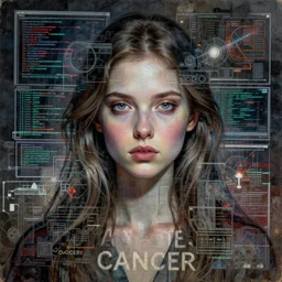 symmetry!! cancer!!!! a portrait of a beautiful girl with computer science readouts and graphics overlaid textures, detailed analogue mixed media collage with canvas texture in the style of contemporary art complex, dramatic lighting, intricate, highly detailed, sharp focus, luminous