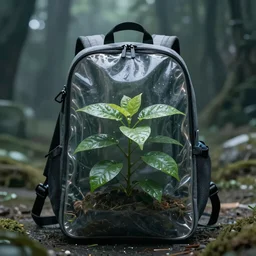 a plant growing inside a clear backpack, dystopian background, hyperrealism