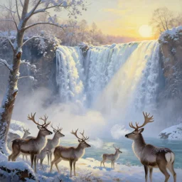 the most beautiful panoramic landscape, oil painting, where a giant dreamy waterfall is frozen, the trees around have snow over their leafs, some majestic deers are in close - up and they are exhaling steam, the ray lights of the sunrise are brightening him, by greg rutkowski