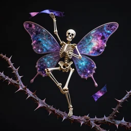 the skeleton of a fairy ribbon dancing on a spikey vine, the ribbon is colored like a nebula, ultra realistic, concept art, intricate details, highly detailed, photorealistic, octane render, 8 k, art by greg rutkowski