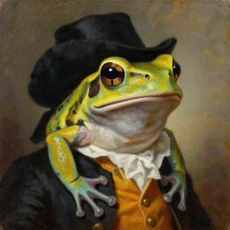 a head and shoulders portrait painting of an anthropomorphic!!!!!!!!!! amazon milk frog!!!!!!!!!! wearing a colonial outfit without a hat looking off camera, a character portrait, romanticism, oil on canvas, visible brush strokes, intense color