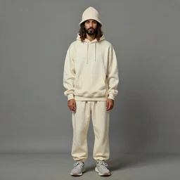 a full body lookbook portrait of modern - day jesus wearing cream yeezy menswear collection by nicola samori, hat and hoodie, detailed, oil painting, hyper - realistic, 8 k, yeezy collection
