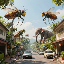 an concept art illustration, photorealistic thailand street with large insect biomes, megafauna, ultra realistic, style by dylan cole, trending in artstation, cgsociety, octane render, ultra sharp, unreal engine, digital painting, 8 k