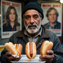 closeup portrait of a shady snake oil salesman selling hotdogs in dimly lit new york back street, by Annie Leibovitz and Steve McCurry, natural light, detailed face, CANON Eos C300, ƒ1.8, 35mm, 8K, medium-format print