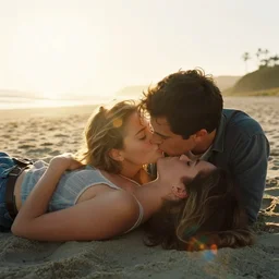 A hyper realistic and detailed photography of a couple kissing from movie Here to Eternity, laying on secluded beach. by Cameron Hammond. Cinematic. Golden Hour. Kodak Portra 400. Lens flare. 35mm lens