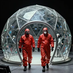 two scientists wearing red hazmat suits entering geometric crystal dome by frank frazetta