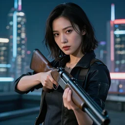 photographic portrait of a techwear woman holding a shotgun, holding shotgun down, closeup, on the rooftop of a futuristic city at night, sigma 85mm f/1.4, 4k, depth of field, high resolution, full color, award winning photography, Kill Bill, John Wick, Die Hard, movies with guns, movie firearms, anatomically correct hands