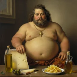 obese ancient priest looking straight at camera, by fernando botero, cheese, oliven oil, grease, food, intricate details