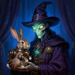 a close - up portrait painting of a glowing alien wizard magician holding a steampunk rabbit. studio lighting. blue curtains, gloomy dark atmosphere. highly detailed science - fiction painting by norman rockwell, moebius, frank frazetta, and syd mead. rich colors, high contrast. artstation