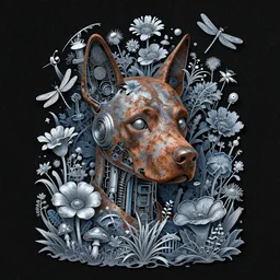 line art cyberpunk sci - fi cover magazine, rusty puppy cyborg head with a lot of garden flowers, beautiful whimsical botanical illustration, silver and blue flowers, dragonfly, firefly, mushrooms, enchanted botany, dark grainy background, by android jones and greg rutkowski, digital matte painting, papercut art style