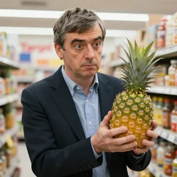 rowan atkinson stealing a pineapple from target, realistic photo, uhd