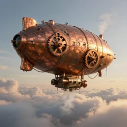 steampunk blimp high in the sky, clouds, copper cogwheels, cogwheels, copper pipes, steam, dense, valves, pipes, vents, copper chains, golden hour, golden sun, fantasy world, award winning photography, 8 k, highly detailed