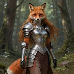 photo of a humanoid female fox were a heroic dress an armour in the forest, long hair, highly detailed, digital painting, artstation, smooth, sharp focus, illustration, art by artgerm and greg rutkowski and alphonse mucha