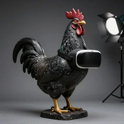 a portrait of monumental rooster antique statue in shape of creative, vr helmet, black rock statue material, nhl logo, studio light, hasselblad photo, 8 k resolution