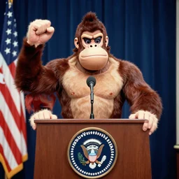 Donkey Kong giving his acceptance speech as new president of the United States, vintage photography