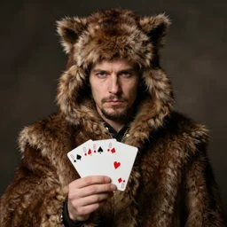 man in brown fur, and cat ears, holds poker cards, by nikolay makovsky.