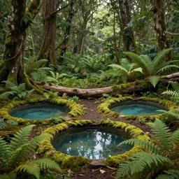 3 0 round pools of water in a forest, the wood between the worlds, narnia, lush green forest, moss and ferns, ferns,