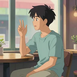 a male teenager sitting on a cafe and looking to a window, artgerm, anime style, pixar and disney style, path traced, color painting, anatomically correct, five fingers, cinematic, high coherence, highly detailed, high quality, serene scene, colorful, symmetrical, beautiful, elegant, short black hair, vintage, complementary colors, soft colors