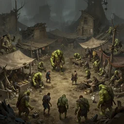 a detailed concept art of a orcs slums. orc market. povertry. poor orcs. orcs in the mud. green orcs. trending on artstation, craig mullins, rutkowski