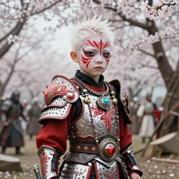 albino kid in a ornated armor pagan facepaint ina battlefield, detailed, jewelry, sakura, photograph, award wining, red and white, trending on artstation, punk attitude, 4 k, unreal engine 5, octane render, neon highlights
