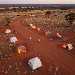 aerial shot of a burningman themed campsite, in the australian red clay desert with dry grass