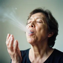 analog photographic portrait with 5 0 mm lens and f / 1 2. 0 of a 9 5 years middle aged woman with her eyes closed and spurting from her mouth a white viscous fluid floating in the air. with a slight variation of light in the liquid and gesture.