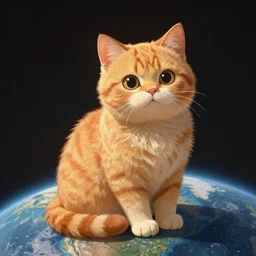 A fuzzy orange cat sitting on planet earth, digital painting, highly-detailed, in the style of Studio Ghibli