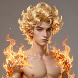 Digital art of Lucius with fluffy curly blond hair, wreathed in scintillating flames Genetically engineered super soldier in a scorched land with a black roiling sky. Epic artstation league of legends splash art