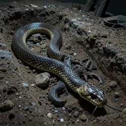 huge snake squeezing a dead body inside the grave, dark colors, horror, realistic, sand and gravel