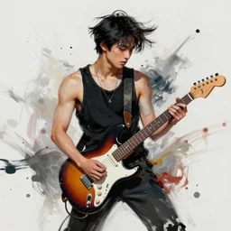 abstract, a young korean male musician wearing black tank top holding a telecaster!!! electric guitar!! explodes in abstract, thick flowing dramatic brush strokes, strong wind, white background, matte colors, impressionist, extreme motion, trending on artstation