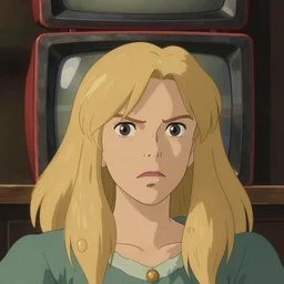 woman blond angry portrait with tv on head, art by studio ghibli and greg rutkowski and artgerm and ilya kuvshinov, portrait, d & d, fantasy, highly detailed, digital painting, headshot, trending on artstation, concept art, sharp focus, illustration art by artgerm and greg rutkowski and alphonse mucha