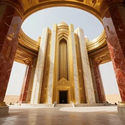 interior of a futuristic temple of the sun with gold, red and white marble panels, in the desert, by buckminster fuller and syd mead, intricate contemporary architecture, photo journalism, photography, cinematic, national geographic photoshoot