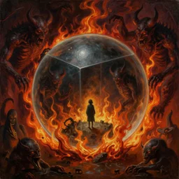 a tiny desolate man in a giant cubic bubble surrounded by a portal of demons and raging flames of hell, dark, disturbing, uneasy, unsettling, by hieronymus bosch, trending on artstation, trending on nightcafe, by alexander fedosa oil on canvas