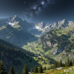Alpine landscape with mountains dotting the background, digital art, Stellaris