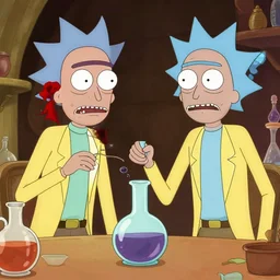 rick sanchez and morty smith are brewing potions with walter white, rick and morty style, highly detailed, digital art, trending on artstation