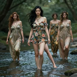 a full body shot of a asian girl in a river by artgerm, flower romper, long legs, dynamic lighting, ray tracing, tom bagshaw, alphonse mucha, donata giancola, mary jane ansell, ankh necklace, atmosphere, realism, octane render, dof, hyperdetailed, 8 k