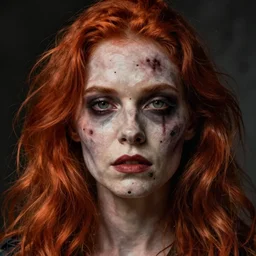 a female zombie, detailed face, redhead, by greg rutkowski, mandy jurgens