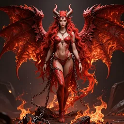 full length complex 3 d hyper realistic smooth ultra sharp render of a gorgeous!! hair fiery chained red skinned dragonkin demoness viking warrior bikini | goddess of beauty, fallen angel, medieval, fantasy | high detail, 4 k, hd, symmetrical, proportional, cinematic, epic scene | art by oh jinwook + 吵 集 仁 儿 on artstaion + takeshi obata + alphonse mucha + jim lee