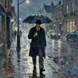 a 1960 watercolor painting night watchman walking on a rainy night