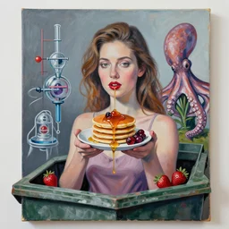 a portrait in a dumpster, a woman holding pancakes, honey dripping, berries dripping, strawberries, scientific instruments, ikebana, octopus, neo - expressionism, surrealism, acrylic and spray paint and oilstick on canvas