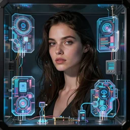 beauty young spanish woman portrait in holograms of Blade Runner artifacts, electrical case display, Oblivion  tech, ultrarealistic, dramatic lighting, electrical details, high details, 4k, 8k, best, accurate, trending on artstation, artstation, photorealism, ultrarealistic, digital painting, style of Peter Mohrbacher, Caravaggio, Boris Vallejo