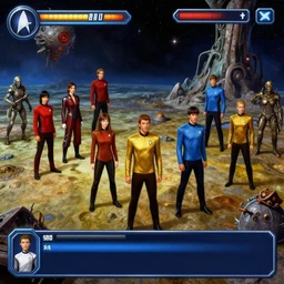 star trek game showing a group of characters in red, blue, gold star trek uniforms on an alien planet, from a space themed point and click 2 d graphic adventure game, detailed, set design inspired slightly by hg giger and tomb raider, art inspired by thomas kinkade - h 4 4 8