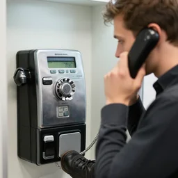 man talking on a pay phone when a boot or foot comes through the receiver of the phone handset and kicks him in the ear